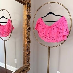 FP One Perla Top Hot Pink Eyelet Off-Shoulder Crop Top